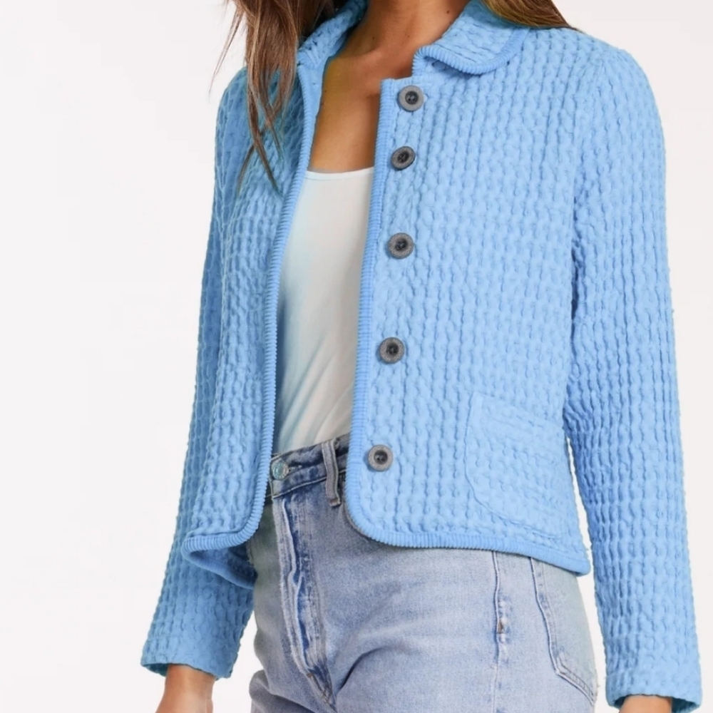 Mododdoc Women's Blue Waffles Textured Boho Modest Jacket Blazer Sz L